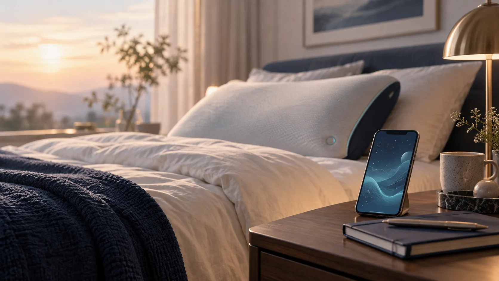 Concept rendering of a pillow and bedside phone representing an AI dream companion